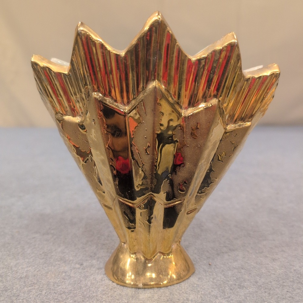 Vintage Art Deco Gold Metallic Ceramic Fan Sunburst Bud Vase - Picture 4 of 6
